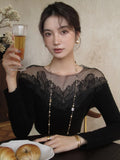 Black Friday Dodobye White Off Shoulder Knit Sweater Women Lace Transparent Mesh Long Sleeve Crop Pullovers Fairycore Aesthetics Clothes Chic