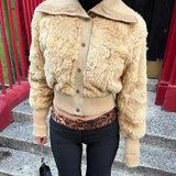 Black Friday Dodobye Ribbed-Breasted Furry Lapel Short Jacket Coat For Women Cardigan Top Patchwork Slim Warm Outwear Female Autumn Fashion