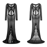 Dodobye Beach Vacation Sexy Mesh Sheer Women Dress Ruffles Lace Ruched Bodycon Maxi Dress Elegant Hollow V-Neck Splits Long Sleeve Dress