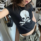 Dodobye Skeleton Print Black Crop Top 90s Vintage Harajuku Grunge Summer T-shirt Dark Academia Emo Alt Tees Women Streetwear