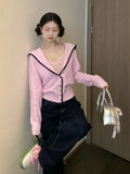 Black Friday Dodobye Y2k Pink Knitted Cardigan Sailor Collar Long Sleeve Sweater Women Korean Fashion Preppy Style Autumn Winter Cute Clothes