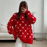 Black Friday Dodobye Heart Printed Knitted Sweater For Women Mid Length Knitted O-Neck Pullover Sweater Loose Long Sleeve Autumn Winter New