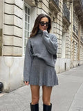 Dodobye Turtleneck Long Sleeved Women's Sweater Two Piece Set Casual Pleated High Waisted Grey Mini Skirt Suits Lady Street Knitwear