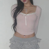 Dodobye Y2K Lace Trim Bowknot T-shirt 00s Retro Sweet Girl Pink Crop Tops Square Collar Long Sleeve Ribbed Tees Fairycore Kawaii Women