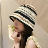 Dodobye Handmade Crochet Striped Bucket Hat For Women Hollow Knitted Cotton Panama Lovely Rainbow Fisherman Hats Summer Holiday Sun Caps