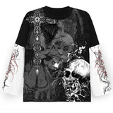 Dodobye Japanese Emo 2000s Retro Graphic Tops Dark Academia Skulls Print T-shirt Patchwork Long Sleeve Baggy Tees Gothic Clothes