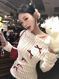 Dodobye Bow Off Shoulder White Knitted Sweater for Women 2024 Early Autumn New Bottoming Tops Mujer Y2k Long Sleeved Pullovers T Shirts