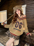 Black Friday Dodobye Vintage Letter Print Oversize Sweater Women Long Sleeve V-neck Knitted Pullovers Preppy Style Casual Loose Winter Tops