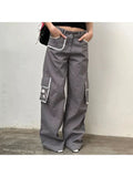 Dodobye-Woman Denim Pants Loose Trousers Low Waist Sweatpants Floor-Length Cargo Pockets Pants Bell Bottoms Hiking Design Pant Y2K