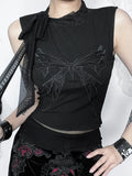 Women's Gothic Tops 2024 Summer New Diablo Style Rays Butterfly Embroidery Tie Tops Tank Top