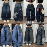 Dodobye Y2K Baggy Jeans Streetwear Womens Hip Hop Skull Graphic Jeans Black Pants New Harajuku Gothic High Waisted Wide Leg Trousers