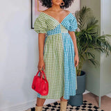 Dodobye Retro Cottage Kawaii Puff Sleeve A-line Maxi Dress Vintage Plaid V Neck Long Dress Women French Style Y2K Holiday Streetwear