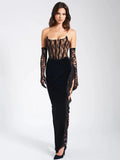 Women's Elegant Dresses 2024 Spring New Pure Color Temperament Skinny Plunge Lace Splicing Design Velvet Dresses