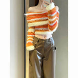 Dodobye American Sexy One Shoulder Striped Sweaters 2024 Lazy Slim Fit Knitted Tops Women Y2k E-Girl Long Sleeve Pullovers Mujer