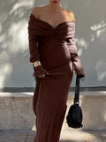 Black Friday Dodobye Elegant Brown Knitted Long Dress For Women One-shoulder Ruched Sexy Sweater Dress Slim Plunge Club Party Dress Female