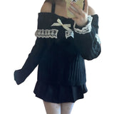 Dodobye Kawaii Lace Trim Off Shoulder Pullovers Pretty Cute Outfits Harajuku Cosplay Sweater Y2K Aesthetic Vintage Long Sleeve Jumpers