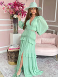 Dodobye Elegant Hollow Lace Spliced Chiffon Ruffle Long Dress Women Sexy Deep V-neck Lantern Sleeves Maxi Dresses 2024 Lady Party Robes