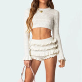 Dodobye 2 Piece Set Knitted Long Sleeve Crop Sweater Tops + Ruffles Shorts Vintage Outfits Women Autumn Matching Suit Y2K Streetwear