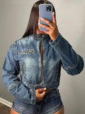 Dodobye Tracksuit Matching Sets Sexy Denim Spliced Shorts Long Sleeve Zipper Distressed Washed Jackets Short Sets Skinny Streetwear