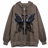 Dodobye Y2K Aesthetic Zip Up Sweatshirts E-girl Gothic Grunge Emo Skeletons Wings Print Oversized Hoodies Autumn Long Sleeve Coat Top