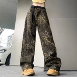 Dodobye Women Vintage Leopard Print Wide Leg Baggy Jeans Casual Loose Denim Pants Trousers with Pockets All-match Lady Streetwear