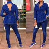 Dodobye Casual Denim Jeans 2 Piece Set Suit Women Denim Two Pieces Set V-Neck Long Sleeve Jeans Top&Long Pants Slim Tracksuit Outfits