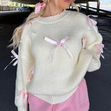 Dodobye Vintage Y2K Cottage Knitwear Tops Streetwear Pink Ribbon Bowknot Knitted Sweater Women Girl Autumn Winter Long Sleeve Pullovers