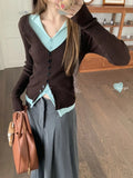 Black Friday Dodobye Y2K Brown and Mint Green Fake Two Pieces Knitwear Slim Button Up Cardigan Autumn Winter Ribbed Sweater Women Korean Chic