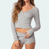 Dodobye Solid Color Ribbed V-Neck Long Sleeve Crop Tops T-shirt and Shorts Sleepwear Outfits Women Pajamas Set 2 Pieces Loungewear Suits