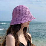 Dodobye Wide Brimmed Sun Straw Hat Women Summer New Beach Straw Hat Simple Sunscreen Visor Seaside Vacation Straw Bucket Hat