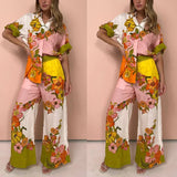 Dodobye Floral Print 2 Pcs Shirt and High Waist Trousers Set