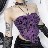 Women's Gothic Tops Music Festival See-through Fashion Slim Cross Embellished Hanging Neck Flocked Suspenders Plunge Tank Top