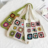 Dodobye Women Boho Woven Tote Summer Beach Handbag Floral Handmade Weaving Shoulder Bags Hand Crochet Bag Flower Stitching Shopper Bag