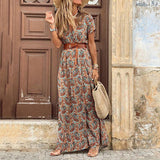 Dodobye  Long Dress for Women Fashion V Neck Short Sleeve Paisley Print Dresses Summer Belt Large Hem Beach Dress Elegant Maxi Dress