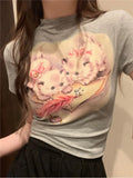 Dodobye Sweet Yellow Short Sleeved T-shirt for Women 2024 Summer Fashion Slim Fit Tee Shirt Y2k Grunge O-neck Kawaii Cat Print Tops