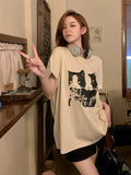 Dodobye Harajuku Cat Print T Shirt Women Y2k Short Sleeve O Neck Cutecore Female Tees Japan Casual Cotton Top Aesthetic Clothes