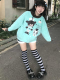 Black Friday Dodobye Kawaii Anime Print Sweater for Women Cutecore Green Knitted Pullover Japan Style Long Sleeve Oversized Winter Clothes