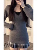 Dodobye Lazy Retro V-neck Off Shoulder Sweater for Women Autumn Winter New Knitted Tops Mujer Y2k Slim Fit Long Sleeve Pullovers