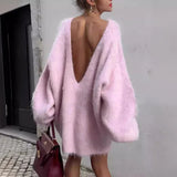 Black Friday Dodobye 2024 Autumn Long Sleeve Sexy Big Backless Knitted Sweater Dress For Women Fashion Solid Loose Sweater Pullover Streetwear