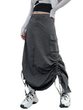 Dodobye Retro Women Long Cargo Pocket Baggy Skirts Side Drawstring Low Rise Solid Pockets Hip Hop Straight Skirts Y2k Streetwear