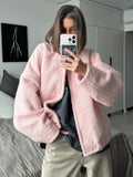 Black Friday Dodobye Pink Short Fur Jacket Coat For Women Autumn Winter Casual Stand Collar Pocket Loose Fashion Long Sleeve Jacket Top Female