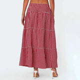 Dodobye Vintage Aesthetic Plaid Maxi Skirts for Women Y2K Elastic Waist Side Slit Tiered Skirt Summer Flowy Gingham A Line Long Skirts