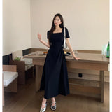 Dodobye French Elegant Black White Dress For Women Summer Square Collar Short Sleeve Slim Long Dress Evening Party Vintage Dresses