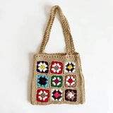 Dodobye Women Boho Woven Tote Summer Beach Handbag Floral Handmade Weaving Shoulder Bags Hand Crochet Bag Flower Stitching Shopper Bag