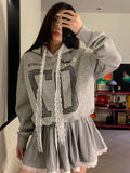 Black Friday Dodobye Grey Oversized Hoodie with Lace Sporty Chic Hip Hop Long Sleeve Sweatshirt Letter Print Pullovers Autumn Kpop Clothes