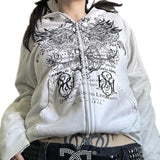 Dodobye Gothic Harajuku Mall Goth Hoodies 2000s Y2K Cyber Grunge Emo Zip Up Sweatshirts Vintage Graphics Print Coat Streetwear