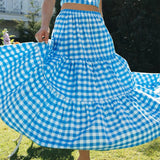 Dodobye y2k Clothes Women Vintage Maxi Skirts A Line Ruffle Plaid Print Flowy Long Skirt Losse High Waist Summer Party Clubwear Skirts