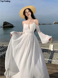 Dodobye Summer White Holiday Beach Long Dress Women Off Shoulder Backless Runway Vestidos Korean Chic A-line Sundress Clothes