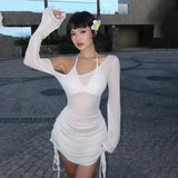 Dodobye Off-Shoulder Sexy See-Through Drawstring Dress For Women Long Sleeve Solid Summer Hot Girl Club Party Mini Bodycon Dress