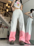 Dodobye Women's Palazzo Pants Y2k Pink Fashion Gradient High Waist Wide Leg Jeans Streetwear Baggy Vintage Mujer Denim Trousers